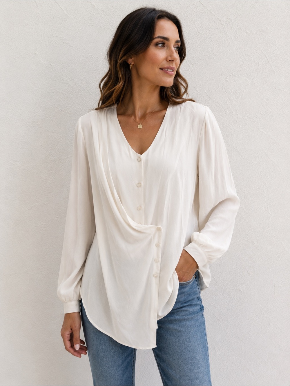 STELLA CARAKASI White Draped Blouse Luxury Minimalist Designer Career Top SZ XL
